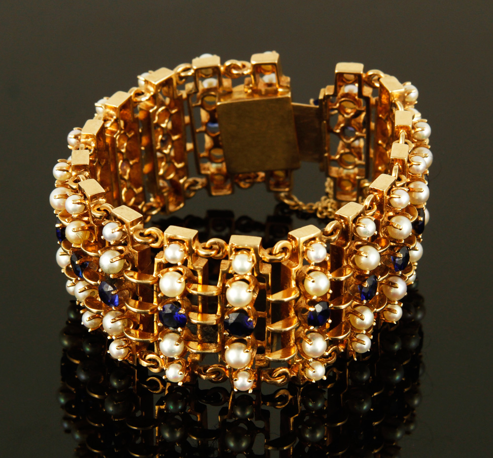 Appraisal: - K Sapphire and Pearl Bracelet K yellow gold sapphire