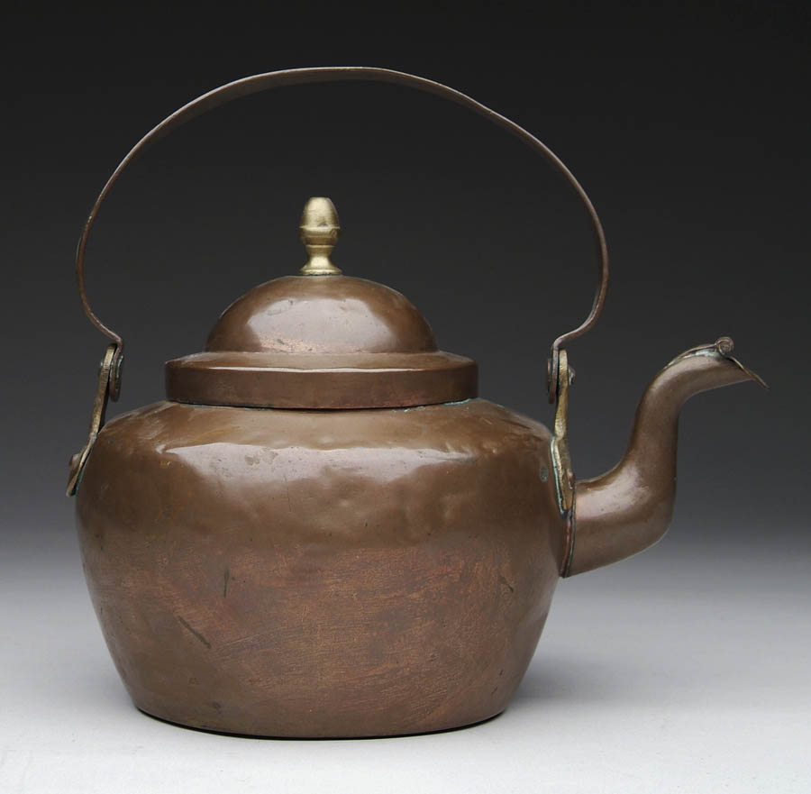 Appraisal: EARLY COPPER LIDDED WATER KETTLE Dome cover has a brass