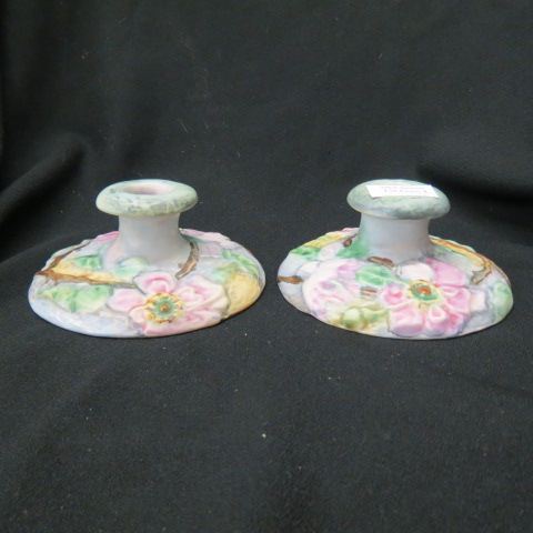 Appraisal: Weller Silvertone Art Pottery Candleholders fine early floral design diameter