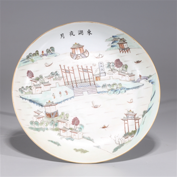 Appraisal: Chinese enameled porcelain dish with boats and village calligraphy to