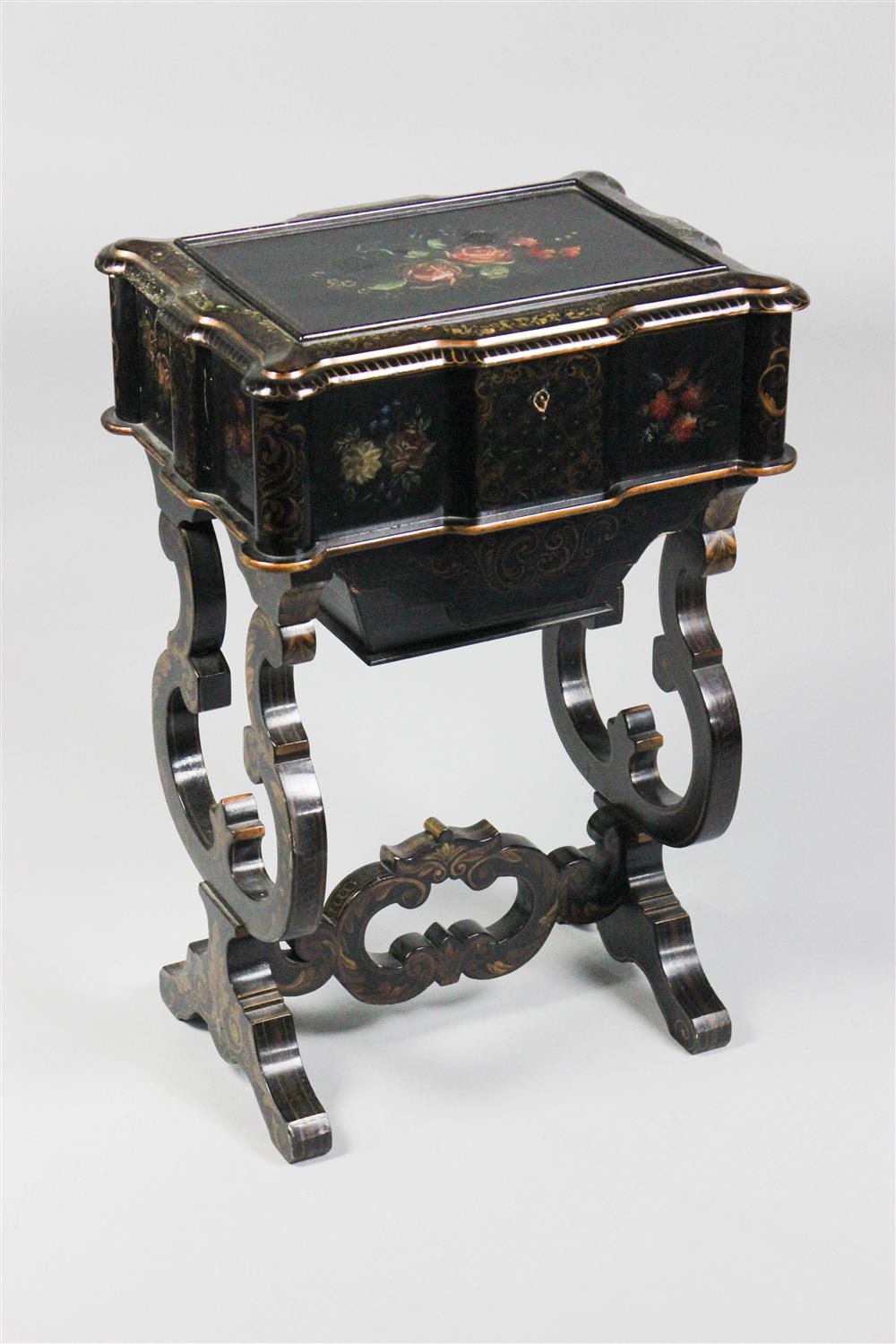 Appraisal: BLACK LACQUER INLAID AND PAINT DECORATED SEWING TABLE the shaped