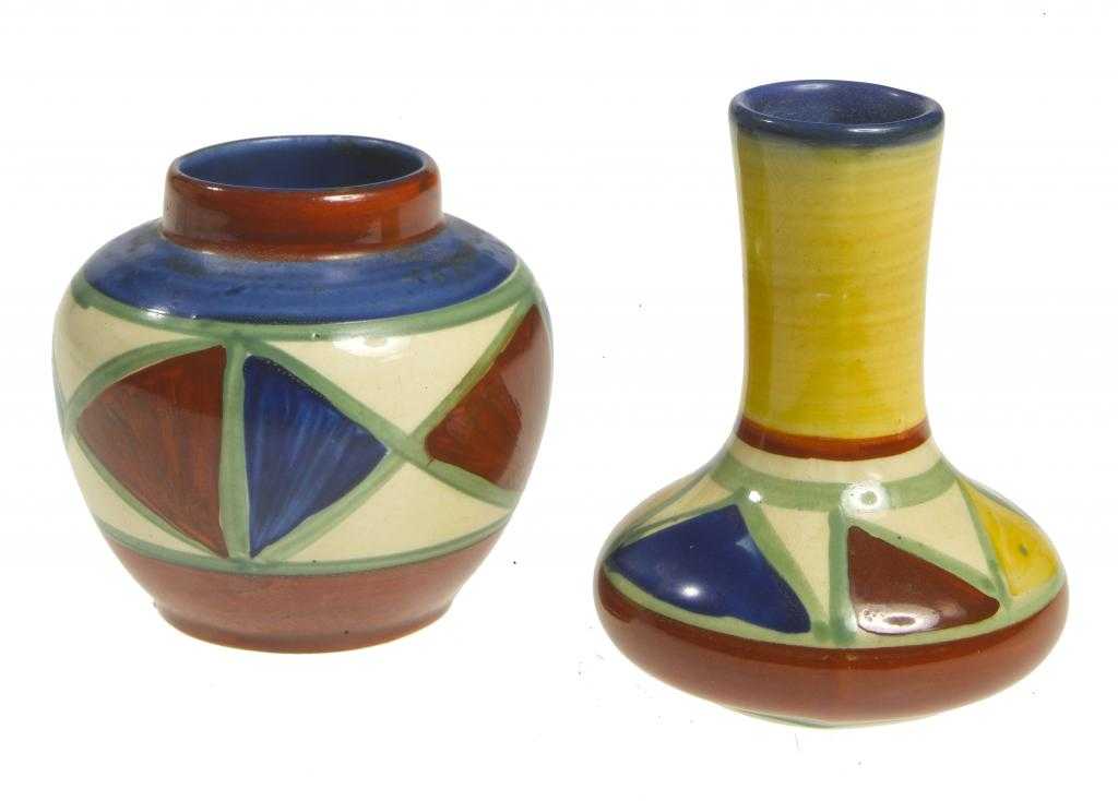 Appraisal: CLARICE CLIFF TWO A J WILKINSON ORIGINAL BIZARRE MINIATURE VASES