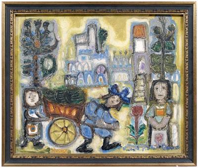 Appraisal: French folk art painting figures with wagon in a city