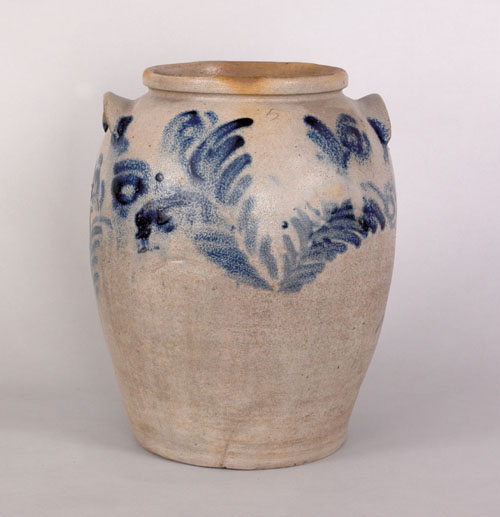 Appraisal: Five gallon stoneware crock th c with cobalt floral decoration