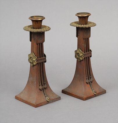 Appraisal: Pair of Arts and Crafts Copper and Brass Candlesticks x