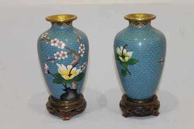 Appraisal: A PAIR OF CHINESE TURQUOISE GROUND CLOISONNE VASES decorated with