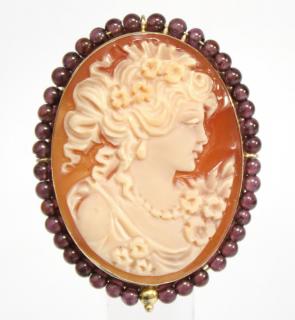 Appraisal: Italian Shell Cameo in K Gold Garnet Bezel Possibly depicting