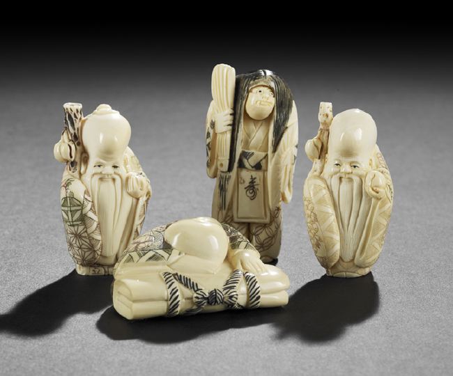 Appraisal: Group of Four Japanese Carved Ivory Netsuke each of figural