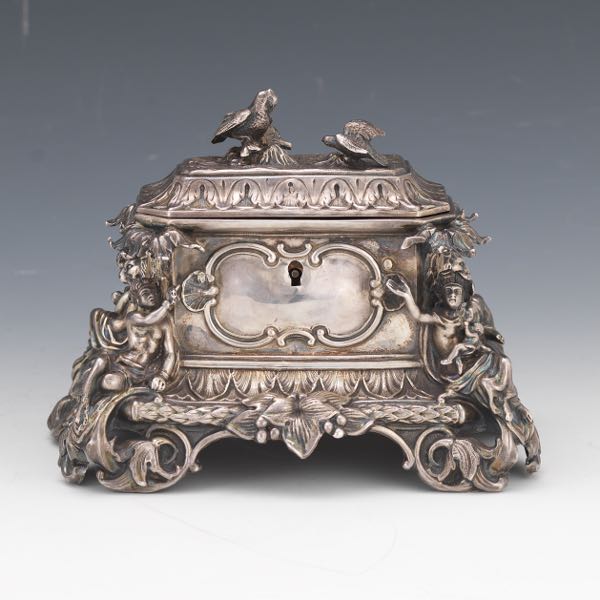 Appraisal: FRENCH SILVER RENAISSANCE REVIVAL ETHNOGRAPHICAL NEW WORLD JEWELRY BOX BY