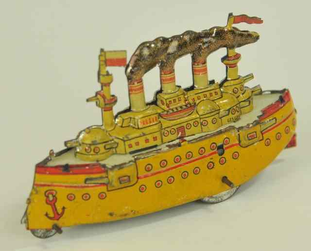 Appraisal: MEIER PENNY TOY BATTLESHIP Germany lithographed tin depicts a four