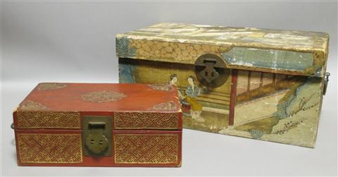 Appraisal: CHINESE LACQUERED PIGSKIN TRUNK Painted with a typical interior scene