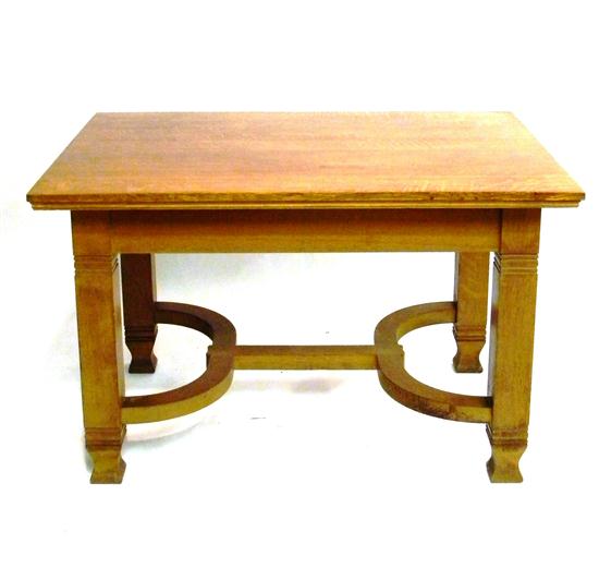 Appraisal: Oak library table Arts Crafts quater sawn veneer incurved stretcher