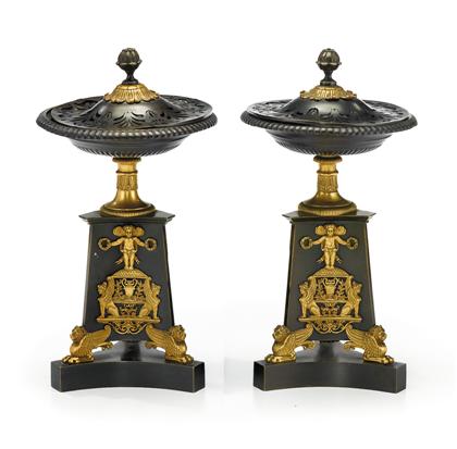 Appraisal: Pair of Charles X style gilt and patinated bronze pots