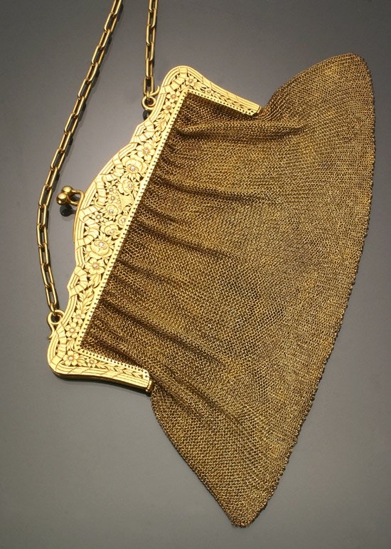 Appraisal: Victorian Hallmarked -Karat Yellow-Gold and Diamond Encrusted Mesh Evening Bag