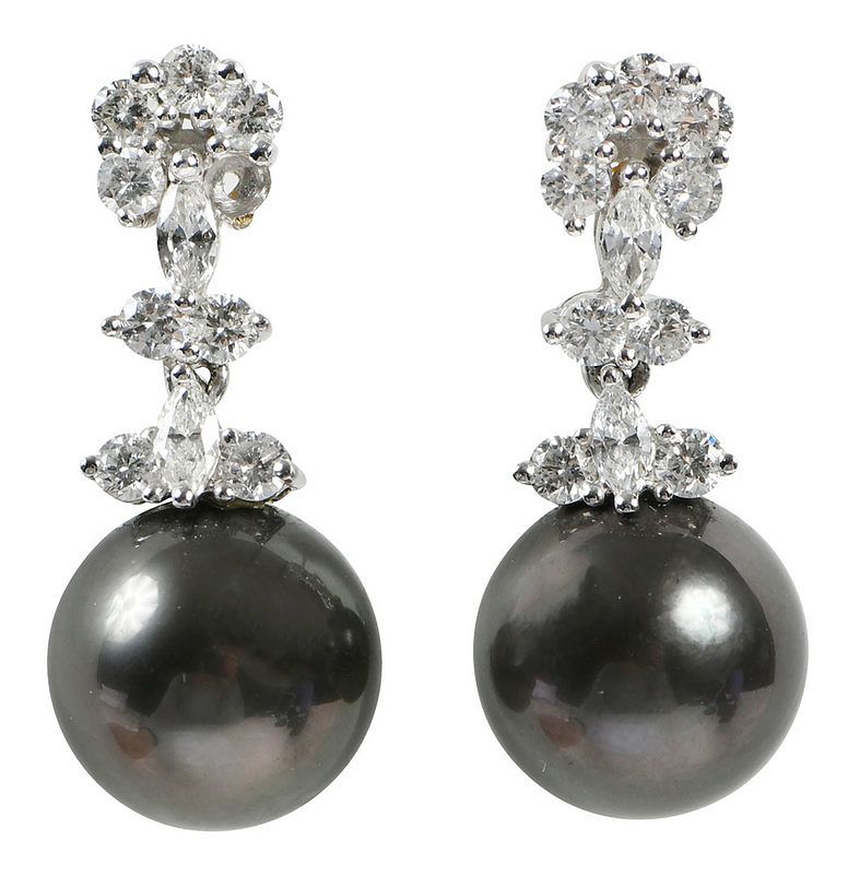 Appraisal: kt Diamond and Pearl Earrings drop design each with nine