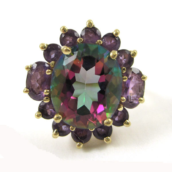 Appraisal: MYSTIC TOPAZ AND AMETHYST RING k yellow gold with ten