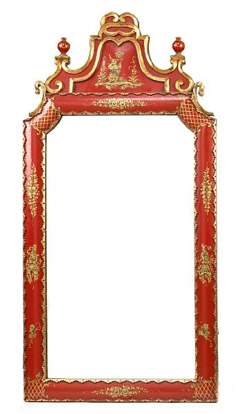 Appraisal: A Chippendale style scarlet japanned mirror in the Asian taste