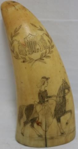 Appraisal: TH CENTURY SCRIMSHAW WHALE'S TOOTH DEPICTING AWOMAN ON A HORSE