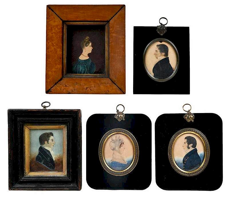 Appraisal: Five Portrait Miniatures British th century two profile portraits of