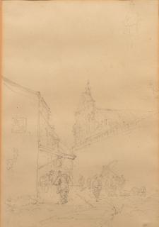 Appraisal: Pencil Drawing of a Street Scene with Cathedral Pencil on