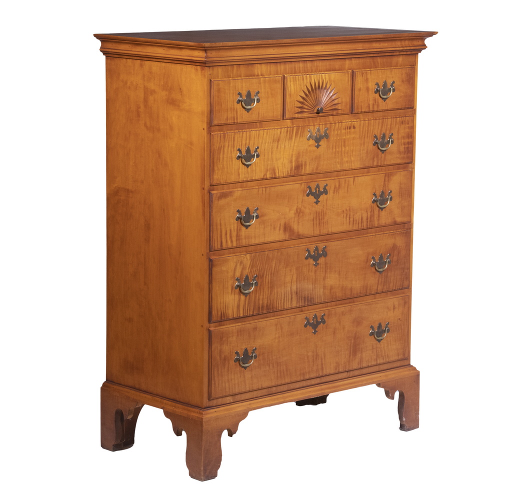 Appraisal: ELDRED WHEELER TIGER MAPLE CHEST Finely Crafted Chippendale Style Chest