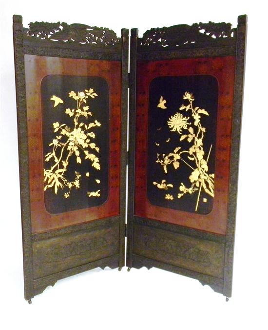 Appraisal: Chinese black laquered double panel floor screen carved bone floral