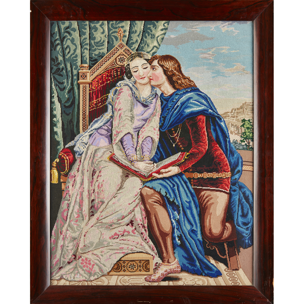 Appraisal: ENGLISH SCHOOL WOOLWORK PANEL CIRCA depicting young lovers in medieval