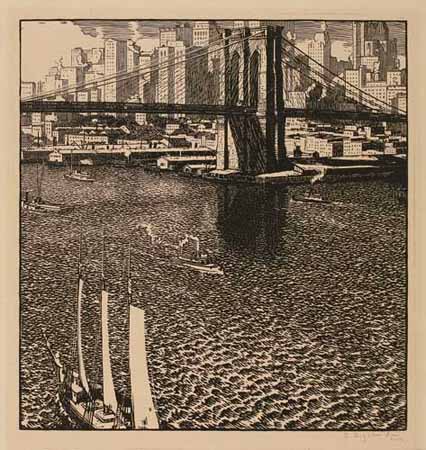 Appraisal: RUDOLPH RUZICKA Brooklyn Bridge Wood engraving circa x mm x