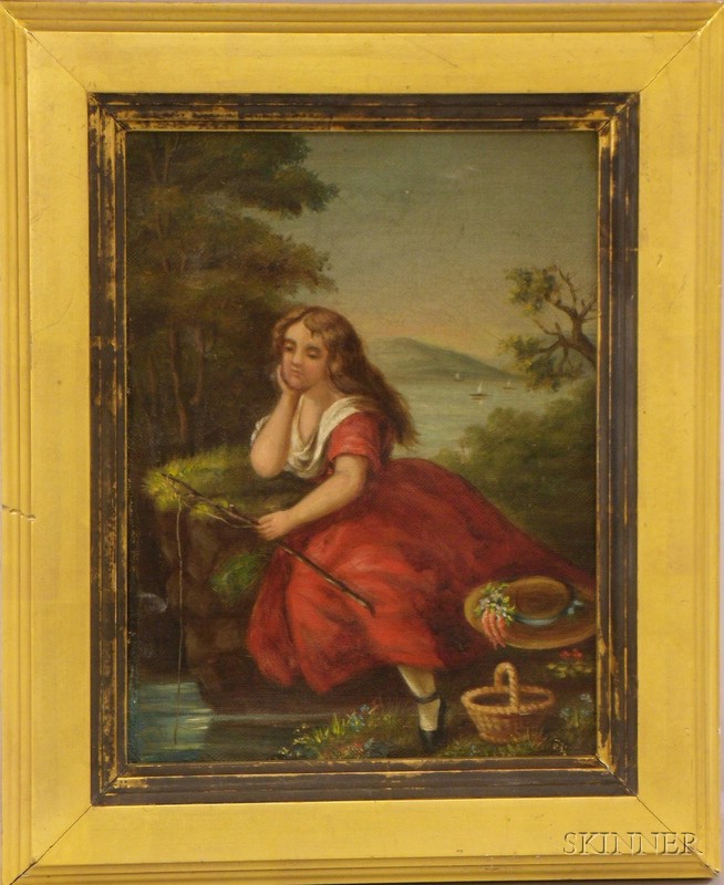 Appraisal: Framed Oil on Canvas View of a Girl Fishing unsigned