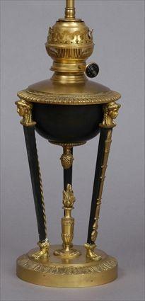 Appraisal: EMPIRE-STYLE GILT-METAL-MOUNTED BRONZE TRIPOD OIL LAMP Impressed 'Matador the hemispherical