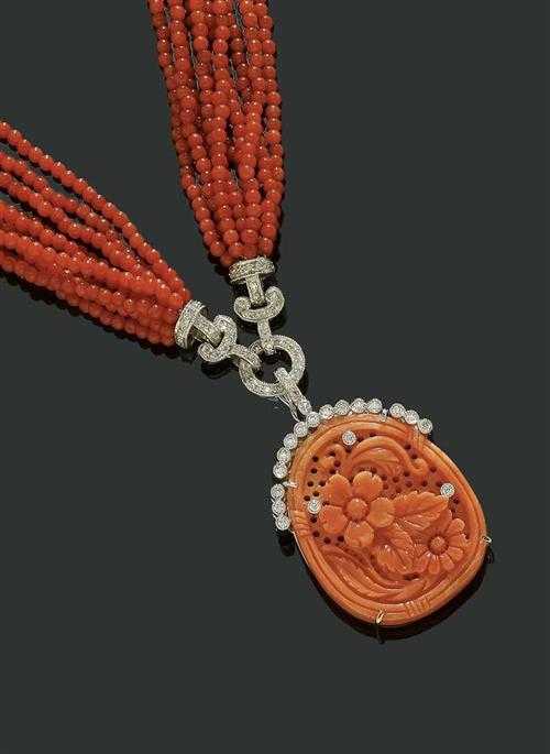 Appraisal: CORAL AND BRILLIANT-CUT DIAMOND NECKLACE White gold Fancy necklace in