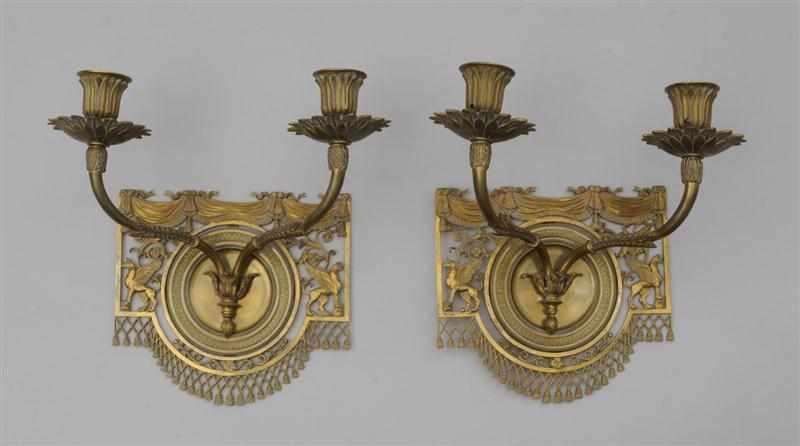 Appraisal: PAIR OF NEOCLASSICAL STYLE GILT-METAL AND BRASS TWO-LIGHT SCONCES Each