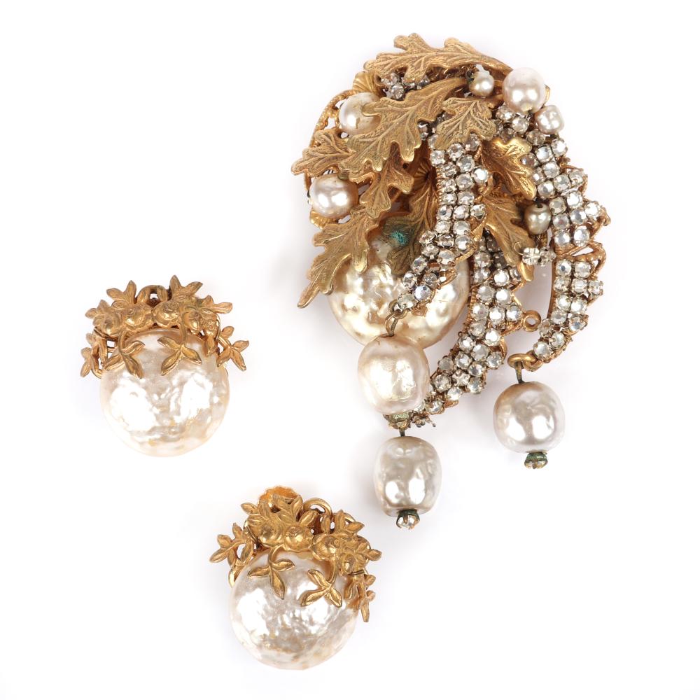 Appraisal: MIRIAM HASKELL BROOCH AND EARRING SET ENCRUSTED WITH BRASS OAK