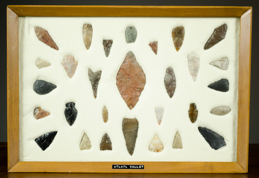 Appraisal: FRAME OF NORTHWEST NATIVE AMERICAN ARROW POINTS AND KNIVES knapped