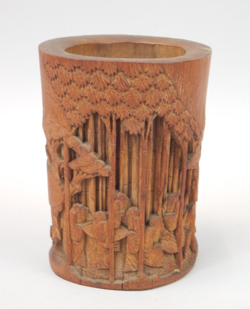 Appraisal: A Chinese bamboo brush pot carved with figures trees etc