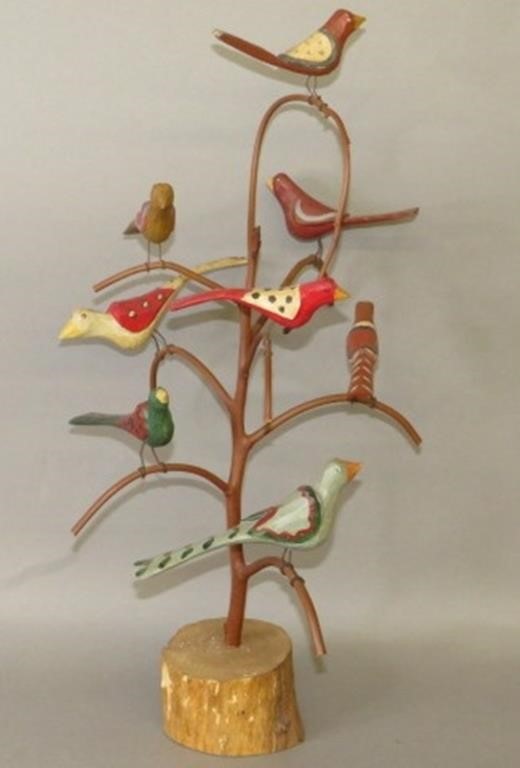 Appraisal: FOLK ART CARVED POLYCHROME PAINTED BIRD TREE BYca dated stump