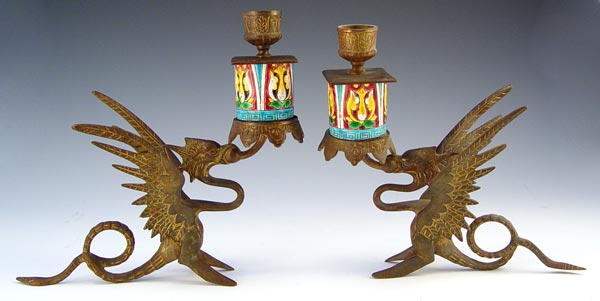 Appraisal: PAIR FRENCH LONGWY POTTERY DRAGON CANDLESTICKS Matched pair metal dragons