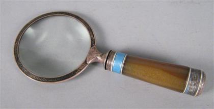 Appraisal: Sterling silver hardstone and enamel magnifying glass th th century