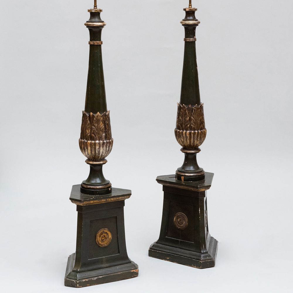 Appraisal: Pair of Italian Neoclassical Green Painted and Parcel-Gilt Columnar Floor