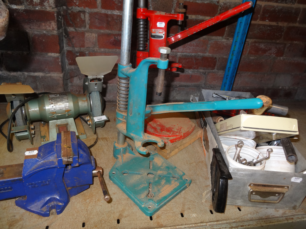 Appraisal: Two drill stands a Record bench vice bench grinder and