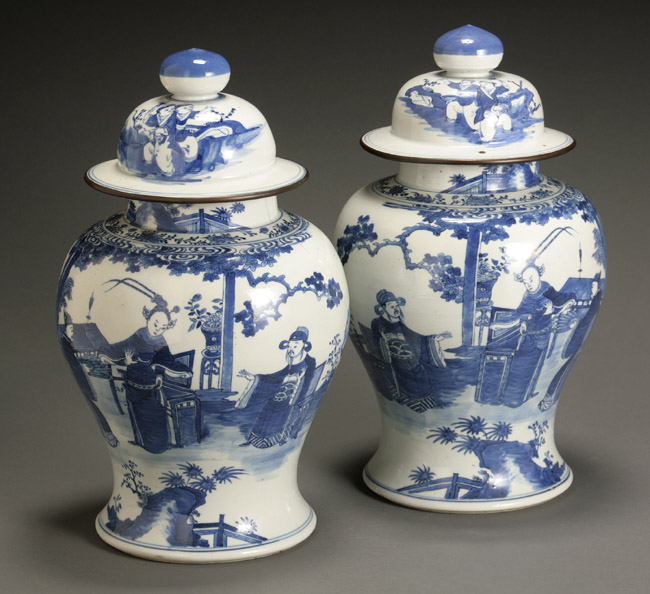 Appraisal: Pair Chinese Blue and White Urns and Covers th Century