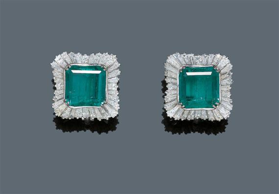 Appraisal: EMERALD AND DIAMOND EAR CLIPS ca White gold Very elegant