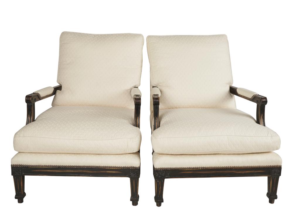 Appraisal: PAIR OF STAINED WOOD ARMCHAIRScontemporary manufacturer unknown covered with cream-colored