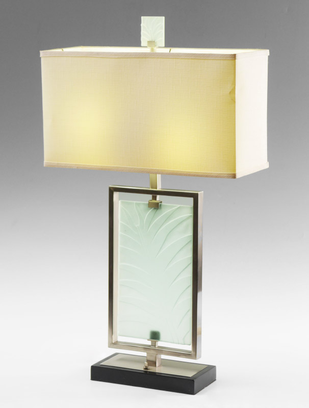 Appraisal: MODERNE STEEL FROSTED GLASS TABLE LAMP Brushed steel frame on