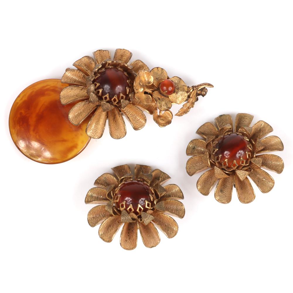 Appraisal: MIRIAM HASKELL BRASS AND MARBLED AMBER TORTOISE SHELL COLOR CABOCHON