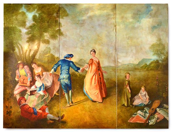 Appraisal: A TRIPTYCH DEPICTING A MUSICAL GATHERING with dancers musicians and