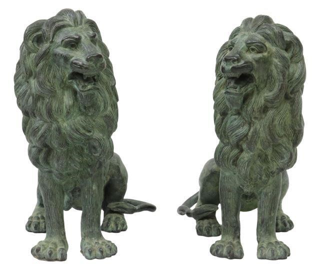 Appraisal: pair Cast bronze seated lions th c in a verdigris