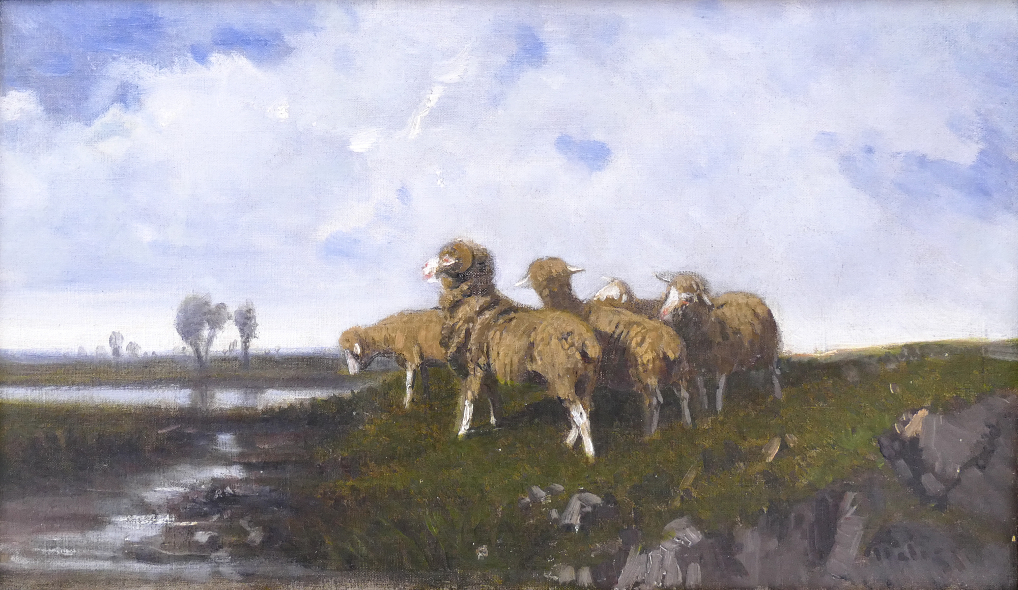 Appraisal: Antique French Painting of Sheep in the Pasture illegibly signed