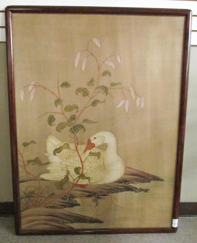 Appraisal: CHINESE PAINTING ON SILK seated goose by the water with