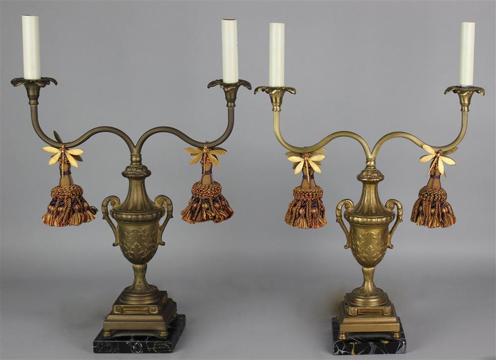 Appraisal: PAIR OF LOUIS XVI STYLE GILT METAL TWO LIGHT CANDELABRA